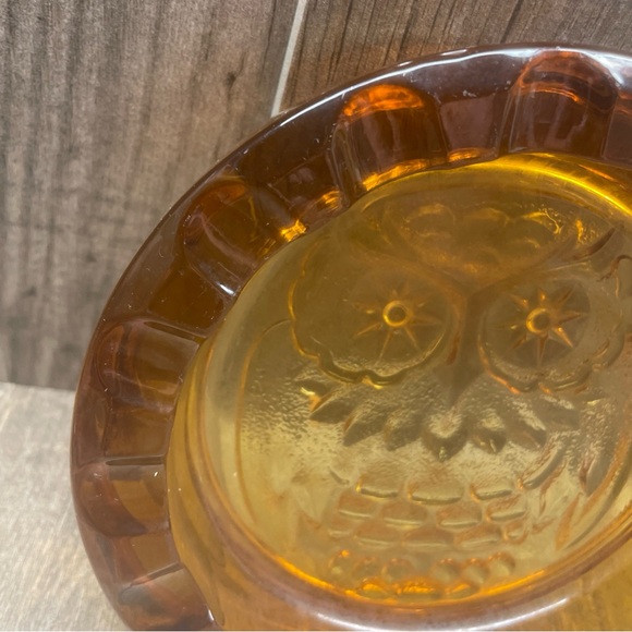 VTG Amber Glass OWl Ashtray Trinket Dish Beautiful Collectible Cabin Or Office - Picture 3 of 12